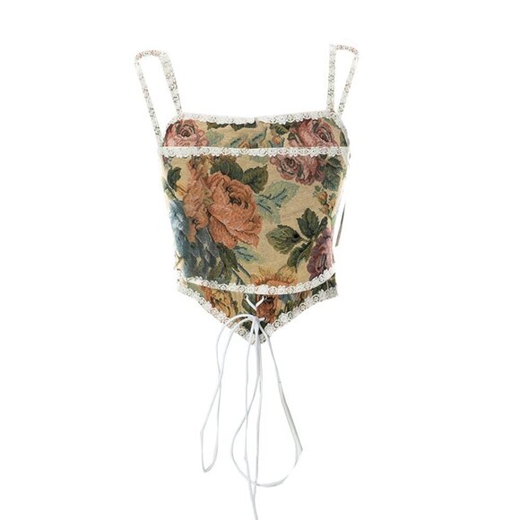 🥑2/100🥑NWT Floral Jacquard Bustier Corset Lace Crop Top Western Retro Camisole - Picture 9 of 15